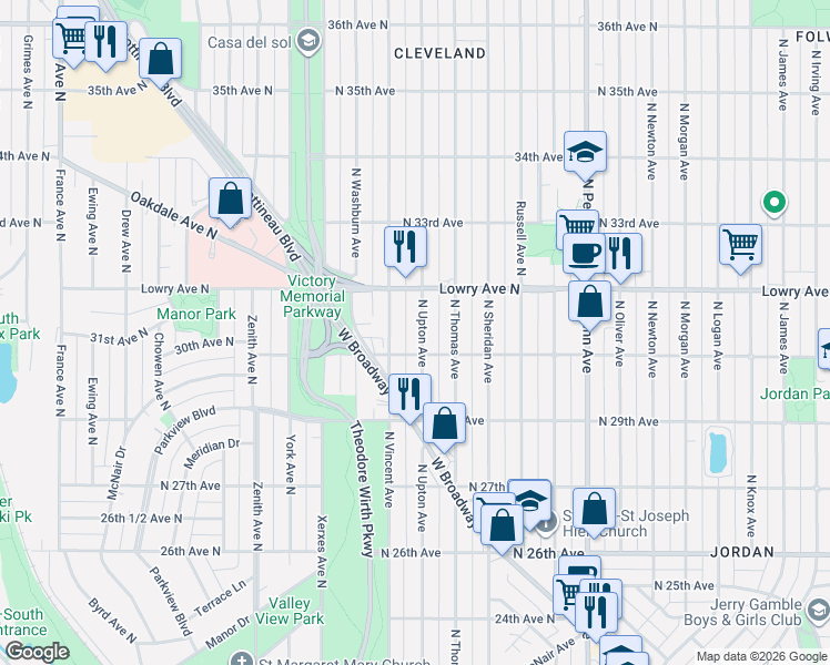 map of restaurants, bars, coffee shops, grocery stores, and more near 3019 North Upton Avenue in Minneapolis