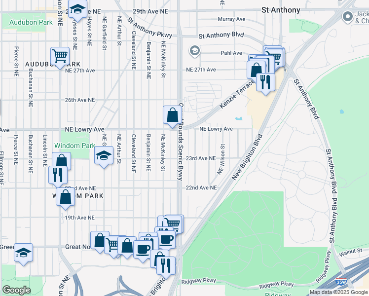 map of restaurants, bars, coffee shops, grocery stores, and more near 2315 Northeast Stinson Boulevard in Minneapolis