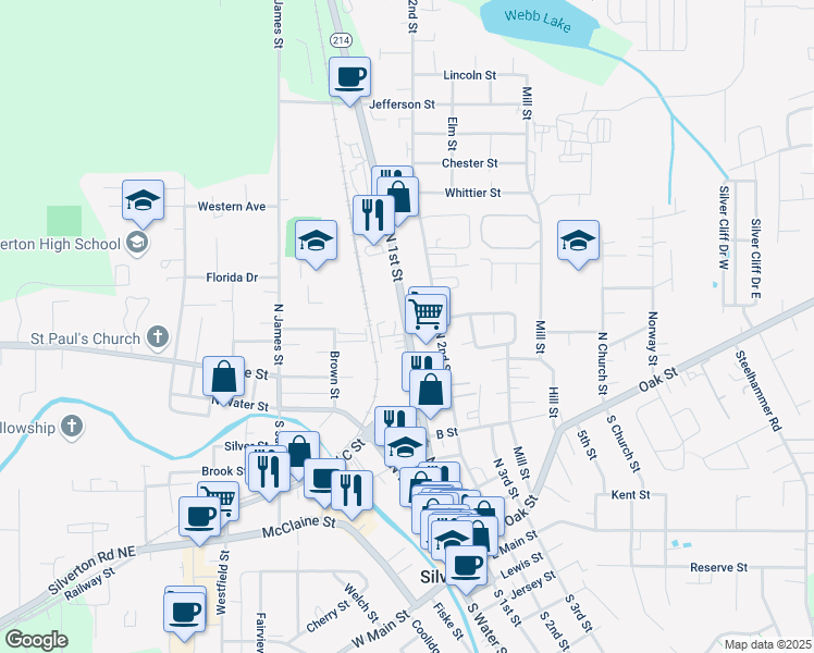 map of restaurants, bars, coffee shops, grocery stores, and more near North 1st Street in Silverton