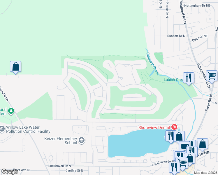 map of restaurants, bars, coffee shops, grocery stores, and more near 6386 Hogan Drive North in Keizer