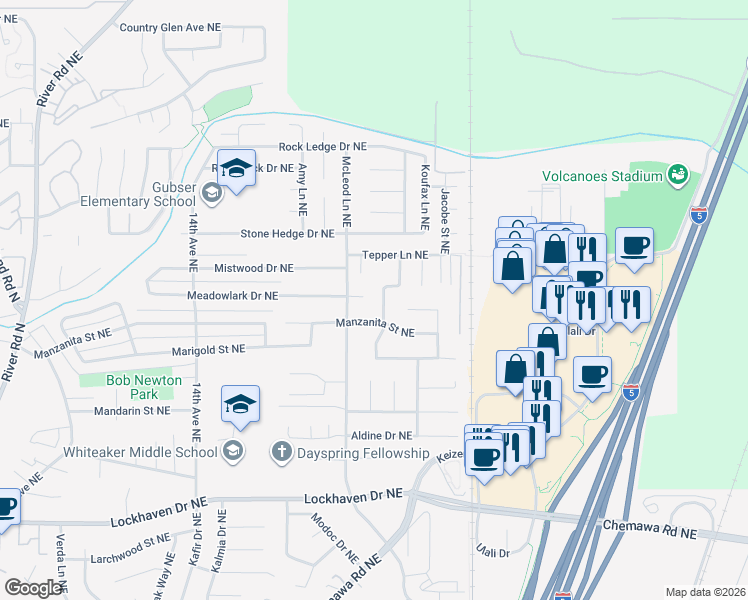 map of restaurants, bars, coffee shops, grocery stores, and more near 6343 Jaymar Drive Northeast in Keizer
