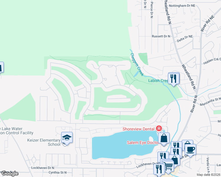 map of restaurants, bars, coffee shops, grocery stores, and more near 558 Palmer Drive North in Keizer