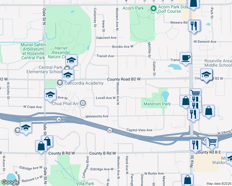 map of restaurants, bars, coffee shops, grocery stores, and more near 405 Lovell Avenue West in Roseville