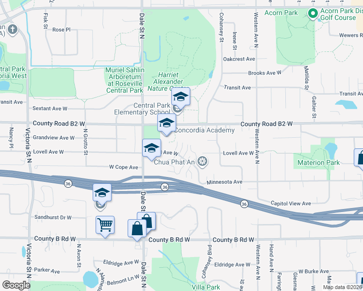 map of restaurants, bars, coffee shops, grocery stores, and more near 549 Lovell Avenue West in Roseville