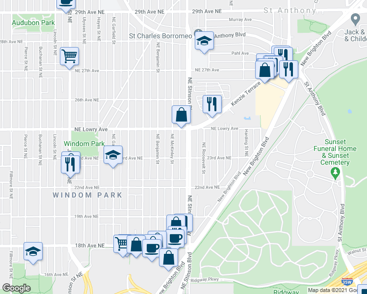 map of restaurants, bars, coffee shops, grocery stores, and more near 2315 Northeast Stinson Boulevard in Minneapolis