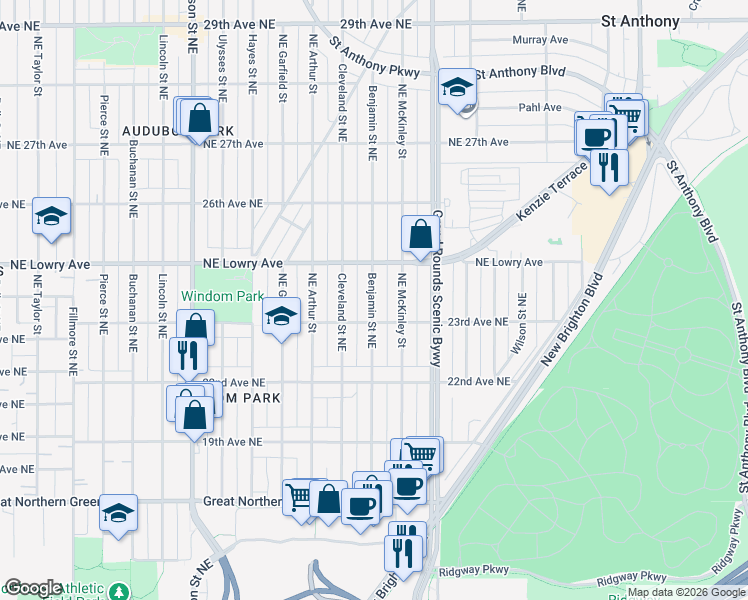 map of restaurants, bars, coffee shops, grocery stores, and more near 2318 Northeast Benjamin Street in Minneapolis