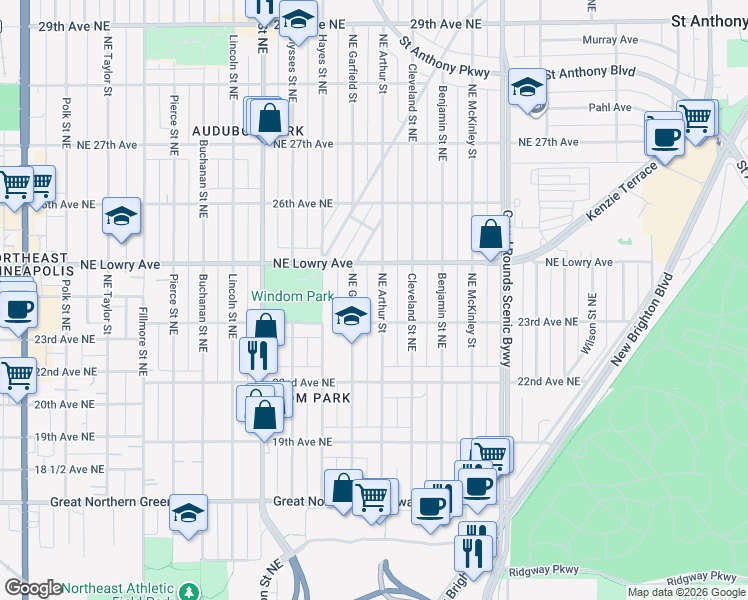 map of restaurants, bars, coffee shops, grocery stores, and more near 2314 Northeast Arthur Street in Minneapolis