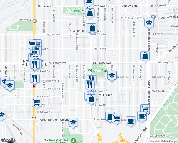 map of restaurants, bars, coffee shops, grocery stores, and more near 2314 Johnson Street Northeast in Minneapolis