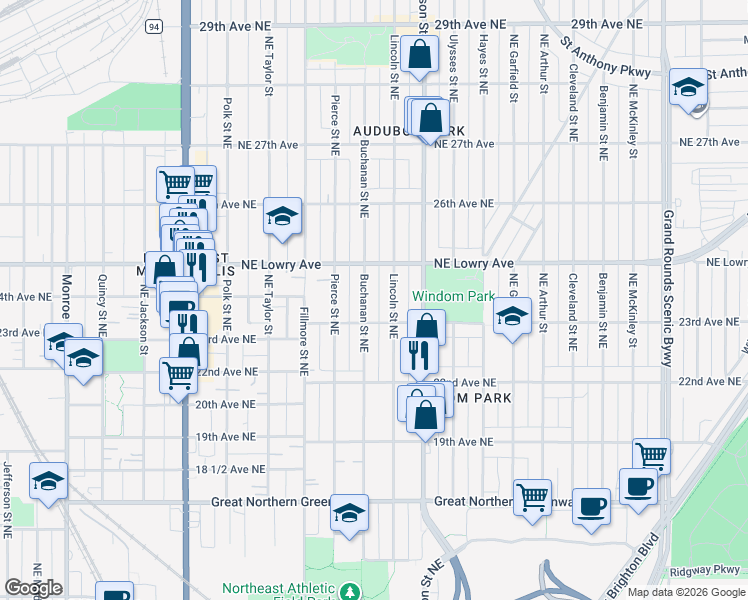 map of restaurants, bars, coffee shops, grocery stores, and more near 2314 Buchanan Street Northeast in Minneapolis
