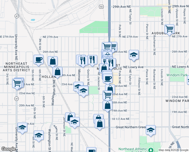map of restaurants, bars, coffee shops, grocery stores, and more near 2345 Quincy Street Northeast in Minneapolis