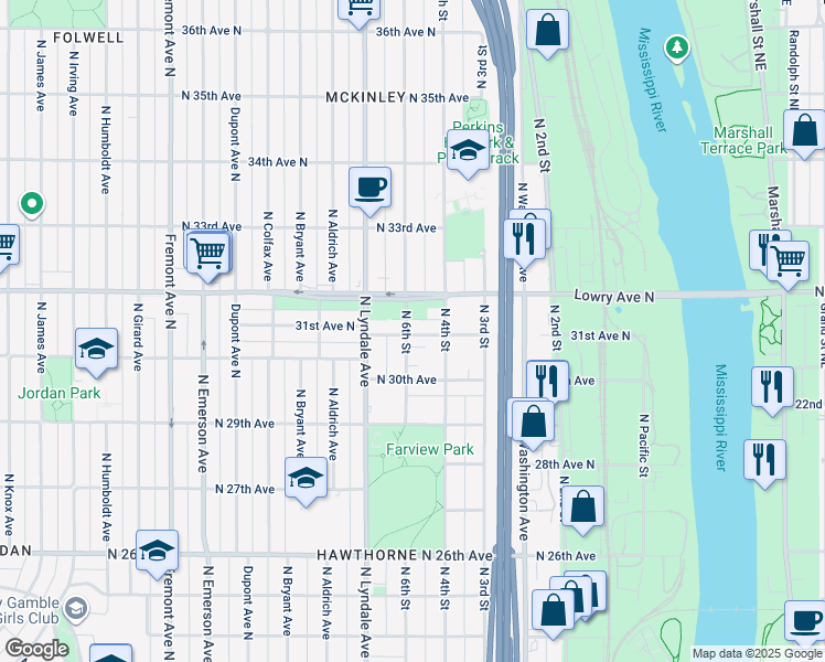 map of restaurants, bars, coffee shops, grocery stores, and more near 3101 North 6th Street in Minneapolis