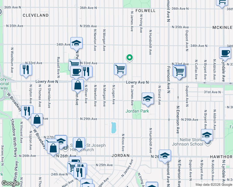 map of restaurants, bars, coffee shops, grocery stores, and more near 3018 North Logan Avenue in Minneapolis