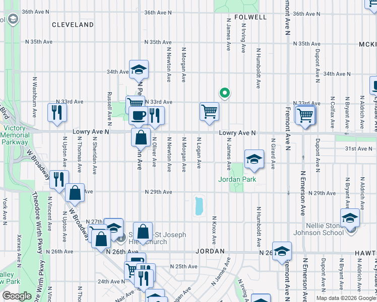 map of restaurants, bars, coffee shops, grocery stores, and more near 3019 North Morgan Avenue in Minneapolis