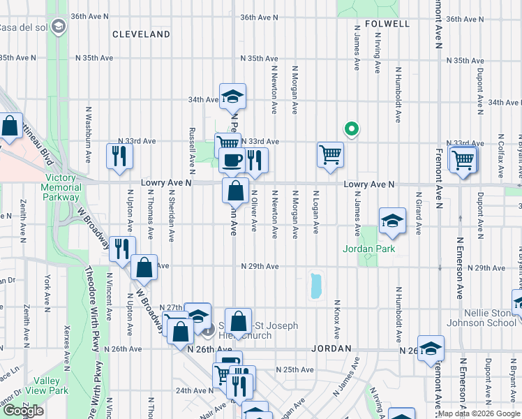 map of restaurants, bars, coffee shops, grocery stores, and more near 3019 North Newton Avenue in Minneapolis