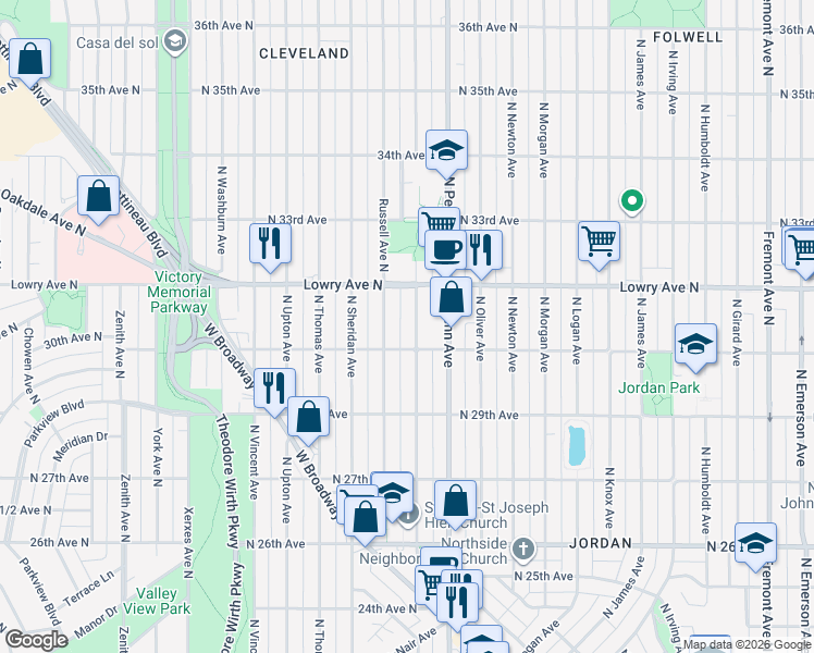 map of restaurants, bars, coffee shops, grocery stores, and more near 3018 Russell Avenue North in Minneapolis