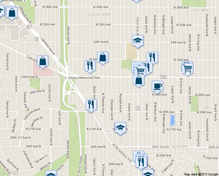 map of restaurants, bars, coffee shops, grocery stores, and more near 3014 North Sheridan Avenue in Minneapolis