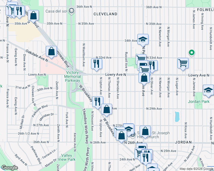 map of restaurants, bars, coffee shops, grocery stores, and more near 3019 North Thomas Avenue in Minneapolis