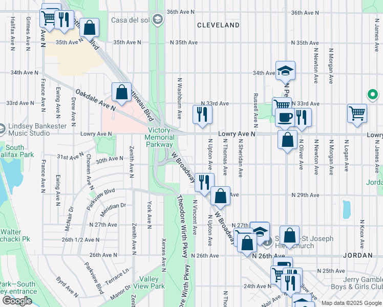 map of restaurants, bars, coffee shops, grocery stores, and more near 3023 North Vincent Avenue in Minneapolis