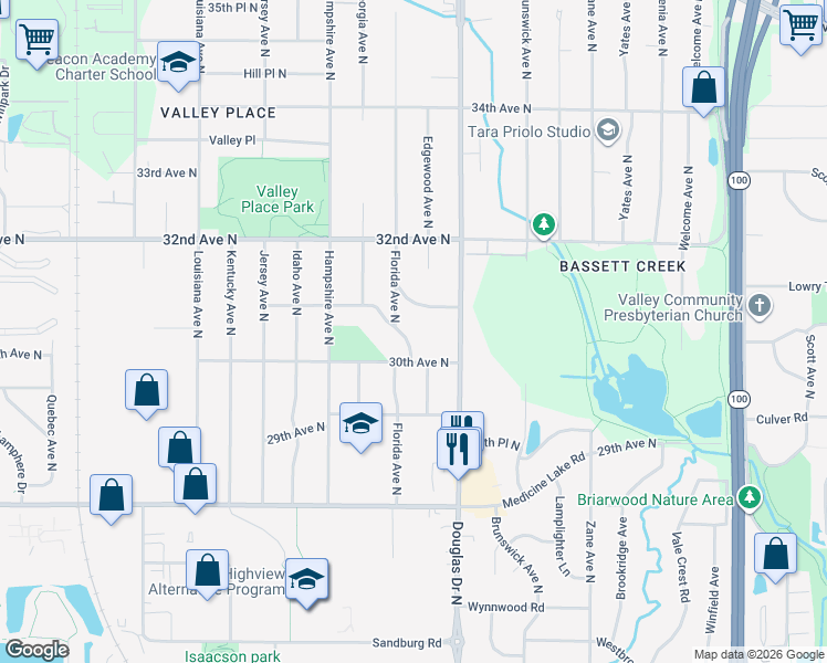 map of restaurants, bars, coffee shops, grocery stores, and more near 3008 Florida Avenue North in Minneapolis