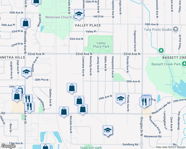 map of restaurants, bars, coffee shops, grocery stores, and more near 3017 Kentucky Avenue North in Minneapolis
