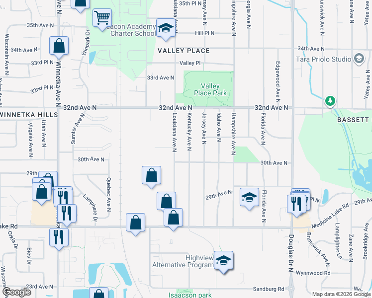 map of restaurants, bars, coffee shops, grocery stores, and more near 3017 Kentucky Avenue North in Minneapolis