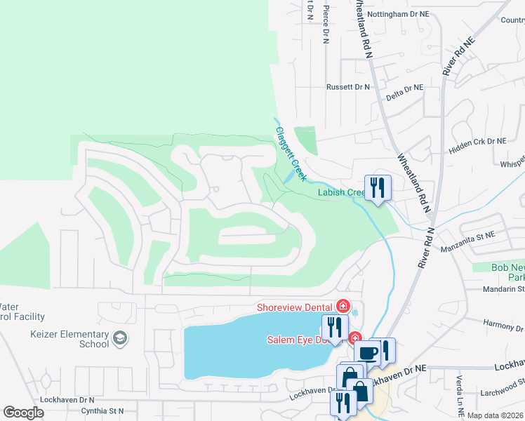 map of restaurants, bars, coffee shops, grocery stores, and more near 478 Palmer Drive North in Keizer