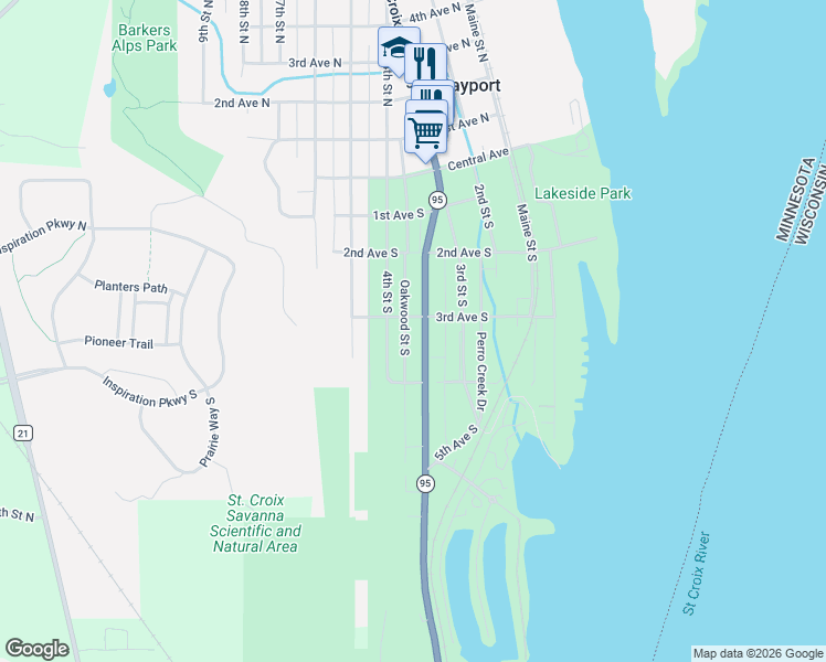 map of restaurants, bars, coffee shops, grocery stores, and more near 432 Minnesota 95 in Bayport
