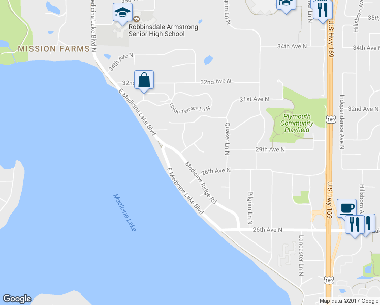 map of restaurants, bars, coffee shops, grocery stores, and more near 10415 29th Avenue North in Minneapolis