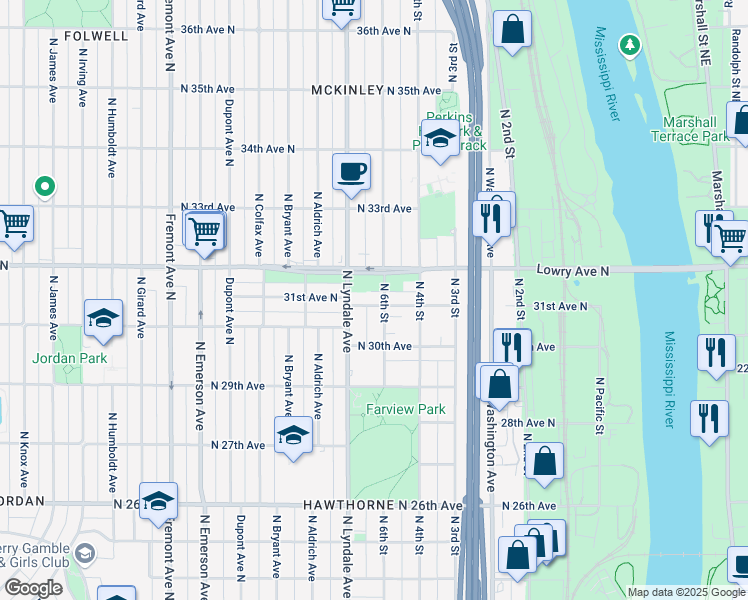 map of restaurants, bars, coffee shops, grocery stores, and more near 3101 North 6th Street in Minneapolis