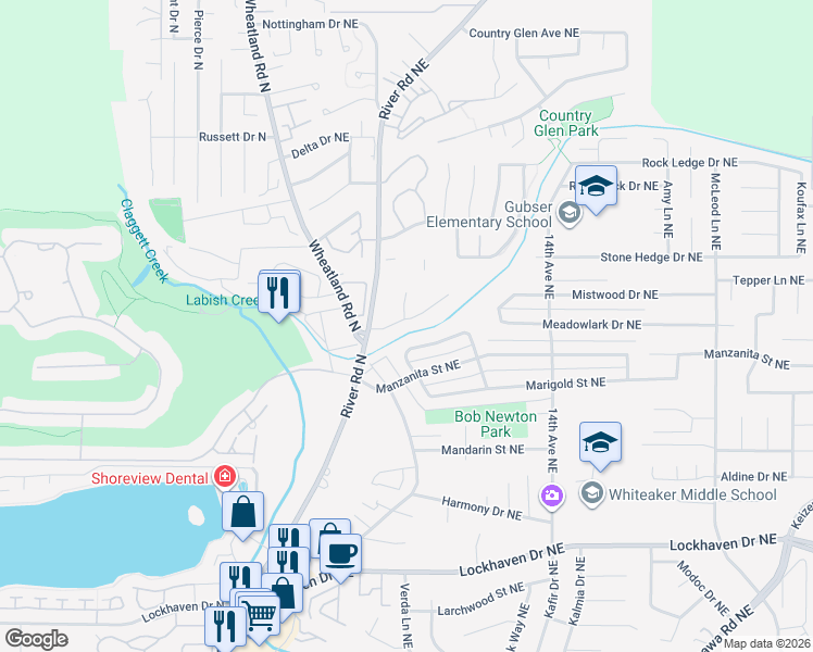 map of restaurants, bars, coffee shops, grocery stores, and more near 1074 Swingwood Court Northeast in Keizer