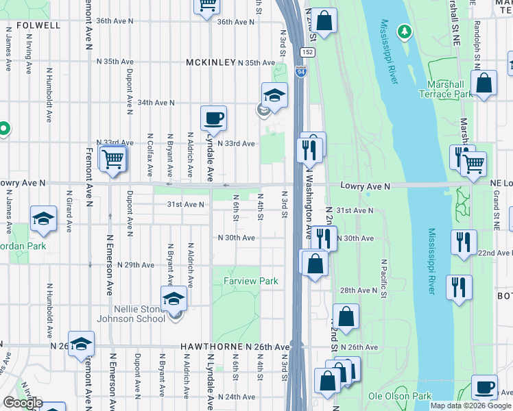 map of restaurants, bars, coffee shops, grocery stores, and more near 400 31st Avenue North in Minneapolis