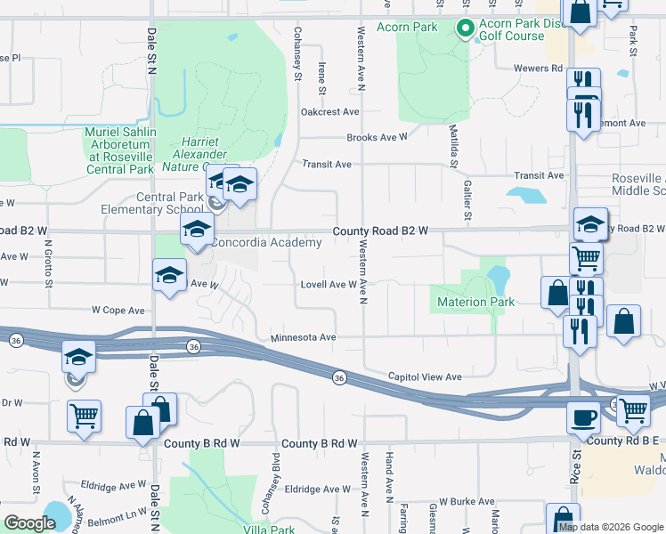 map of restaurants, bars, coffee shops, grocery stores, and more near 405 Lovell Avenue West in Roseville