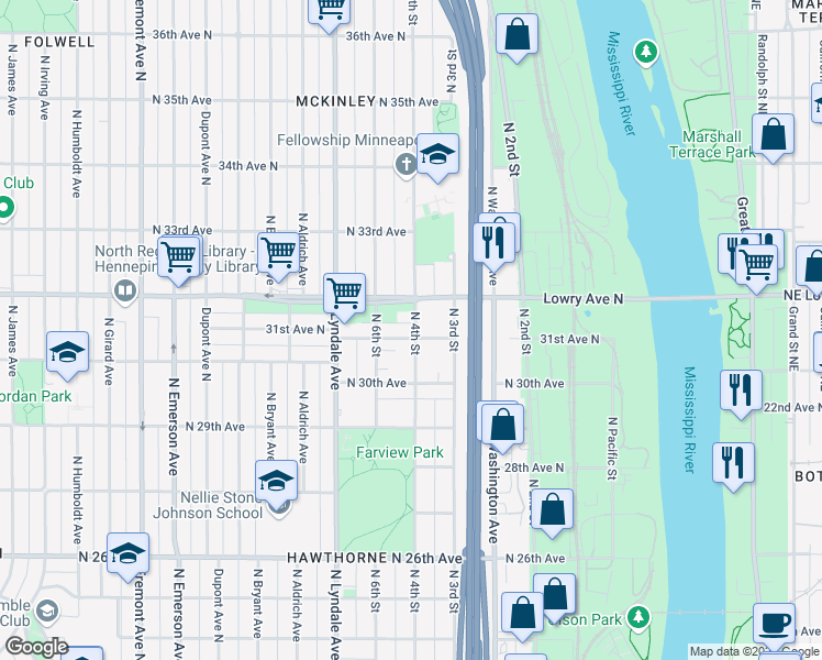 map of restaurants, bars, coffee shops, grocery stores, and more near 400 31st Avenue North in Minneapolis