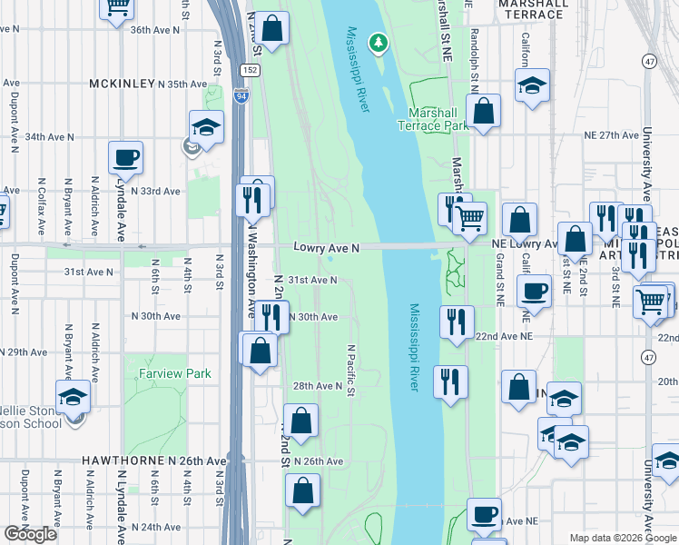 map of restaurants, bars, coffee shops, grocery stores, and more near 50 31st Avenue North in Minneapolis