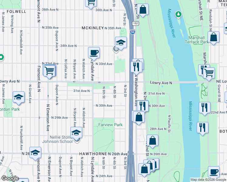 map of restaurants, bars, coffee shops, grocery stores, and more near 400 31st Avenue North in Minneapolis