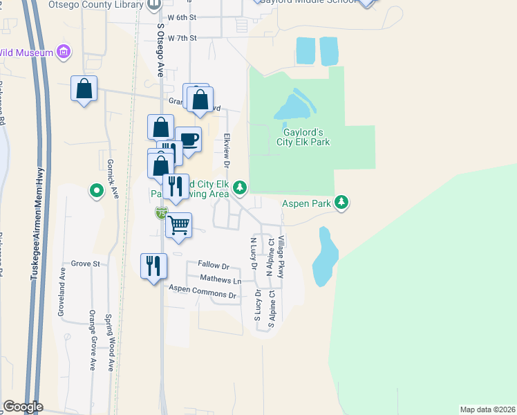 map of restaurants, bars, coffee shops, grocery stores, and more near 239 Commerce Boulevard in Gaylord