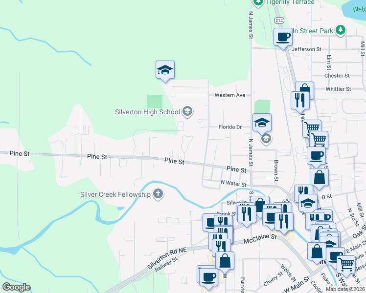 map of restaurants, bars, coffee shops, grocery stores, and more near 1418 Pine Street in Silverton