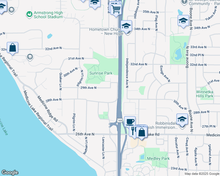 map of restaurants, bars, coffee shops, grocery stores, and more near 9610 29th Avenue North in Plymouth