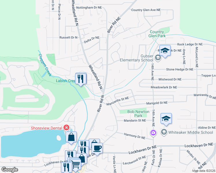 map of restaurants, bars, coffee shops, grocery stores, and more near 1074 Swingwood Drive Northeast in Keizer