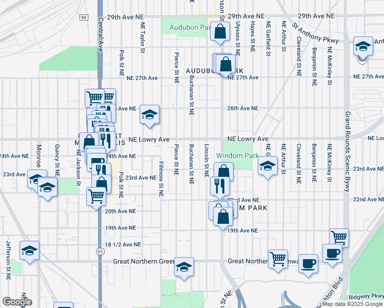 map of restaurants, bars, coffee shops, grocery stores, and more near 2314 Buchanan Street Northeast in Minneapolis