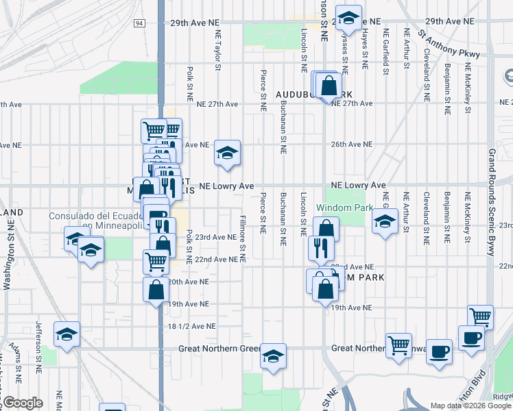 map of restaurants, bars, coffee shops, grocery stores, and more near 2314 Pierce Street Northeast in Minneapolis