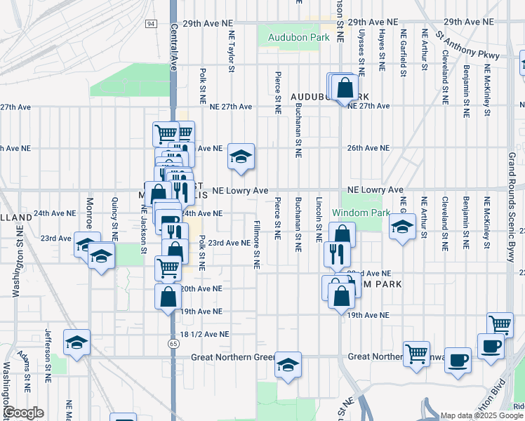 map of restaurants, bars, coffee shops, grocery stores, and more near 2314 Pierce Street Northeast in Minneapolis