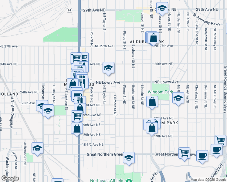 map of restaurants, bars, coffee shops, grocery stores, and more near 1114 24th Avenue Northeast in Minneapolis