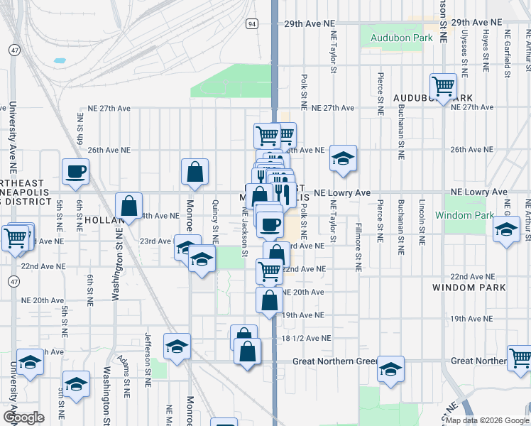 map of restaurants, bars, coffee shops, grocery stores, and more near 2338 Minnesota 65 in Minneapolis