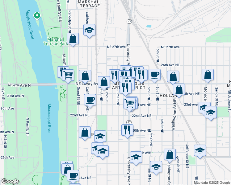 map of restaurants, bars, coffee shops, grocery stores, and more near 2327 Northeast 2nd Street in Minneapolis
