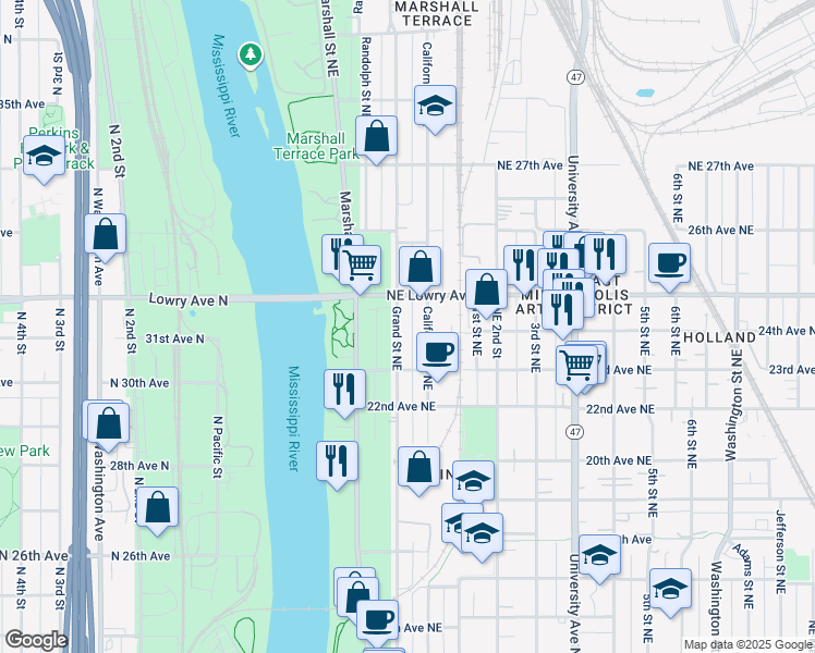 map of restaurants, bars, coffee shops, grocery stores, and more near 2329 Grand Street Northeast in Minneapolis