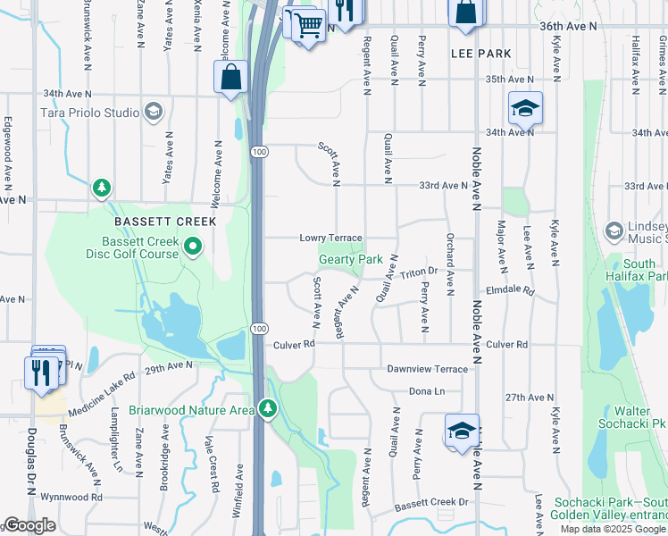 map of restaurants, bars, coffee shops, grocery stores, and more near 5205 Triton Drive in Minneapolis