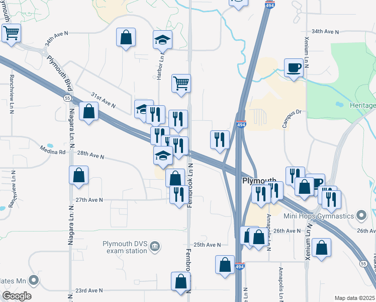 map of restaurants, bars, coffee shops, grocery stores, and more near Highway 55 in Plymouth