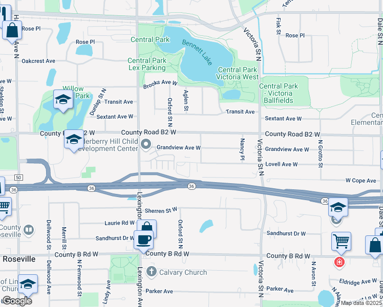 map of restaurants, bars, coffee shops, grocery stores, and more near 2353 North Chatsworth Street in Roseville