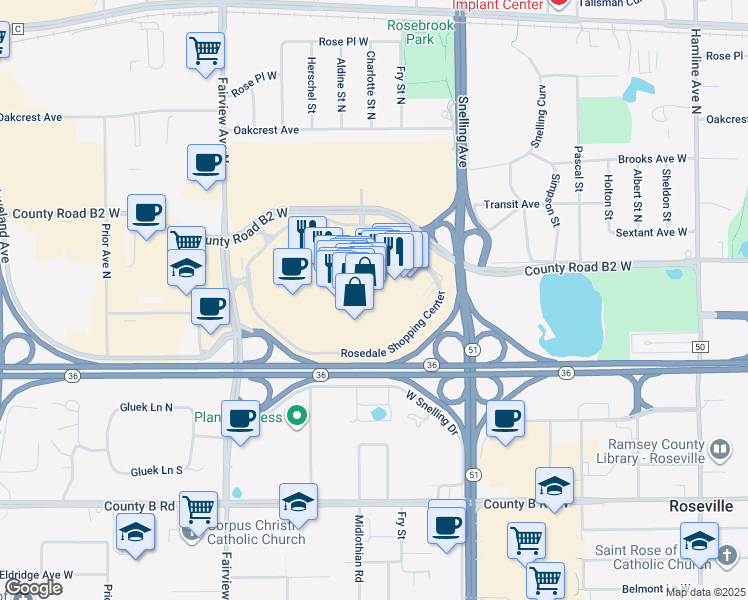 map of restaurants, bars, coffee shops, grocery stores, and more near 1705 Minnesota 36 in Roseville